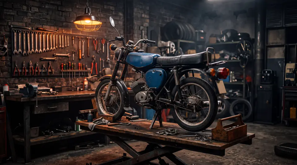 Werkstatt der Zweitaktschmiede mit Simson S51 auf der Hebebühne