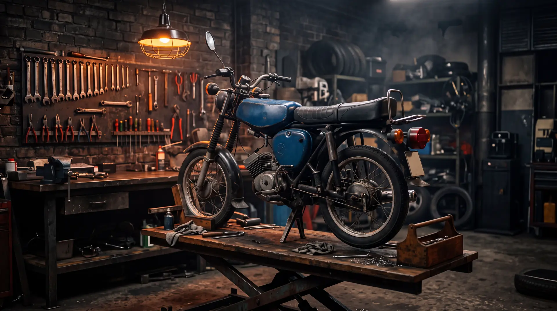 Blaue Simson S51 auf der Hebebühne in der Werkstatt
