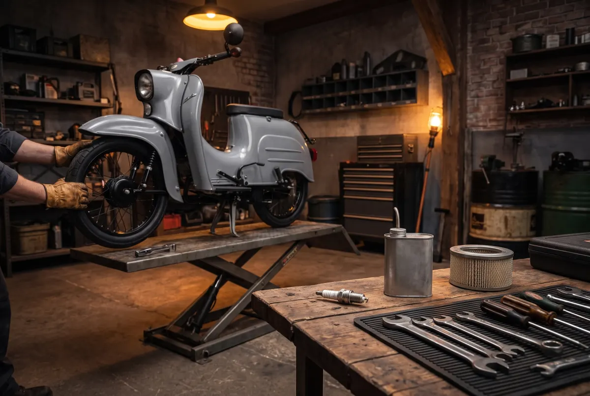 Simson Schwalbe auf der Hebebühne in der Werkstatt