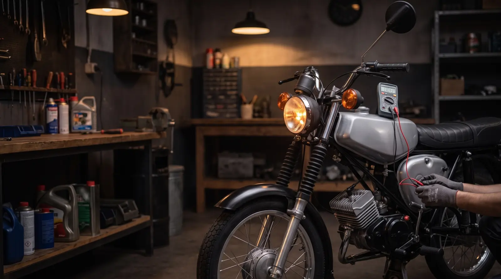 Simson S51 mit eingeschaltetem Scheinwerfer in der Werkstatt