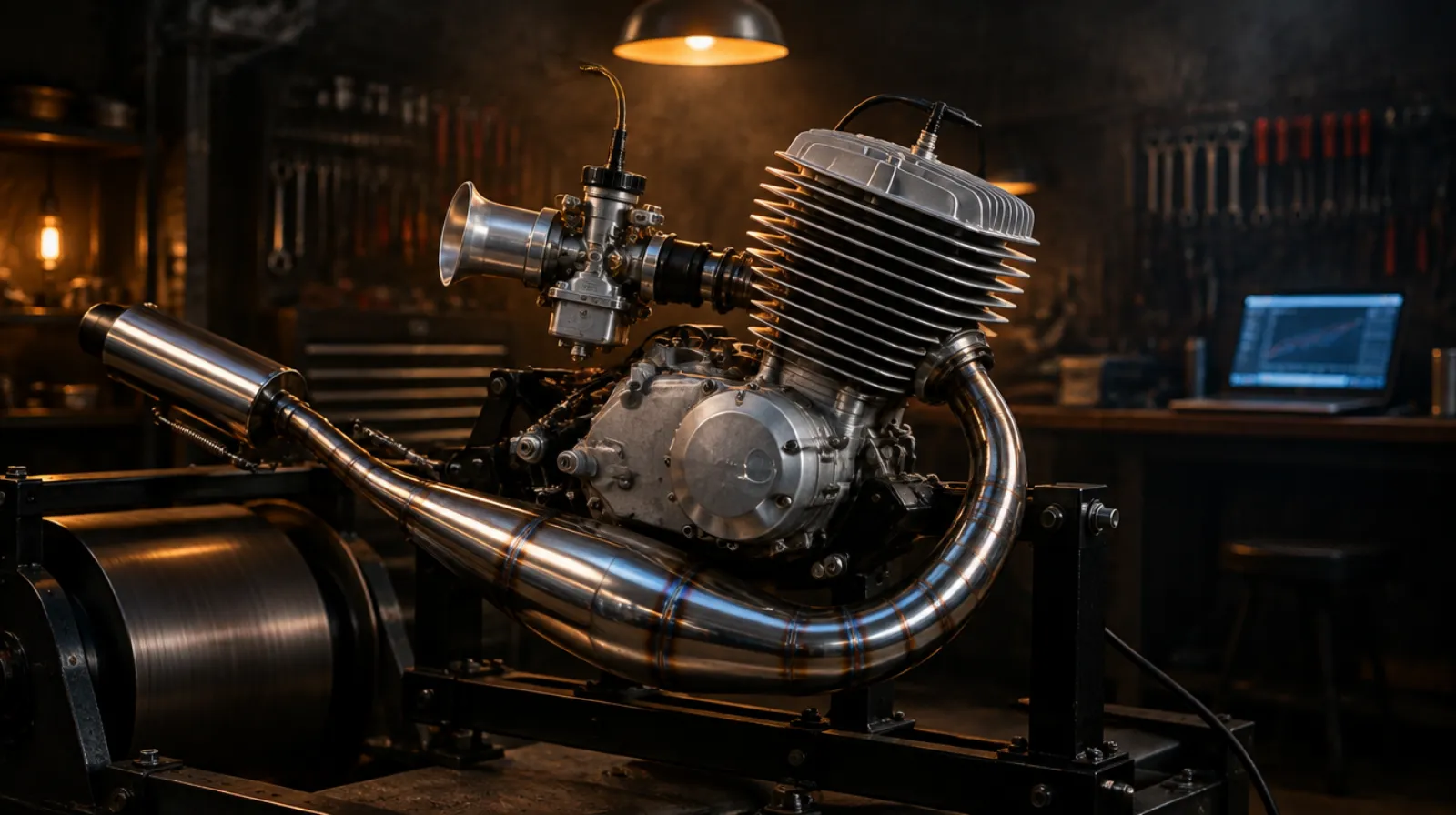 Motor mit Resonanzauspuff auf dem Prüfstand