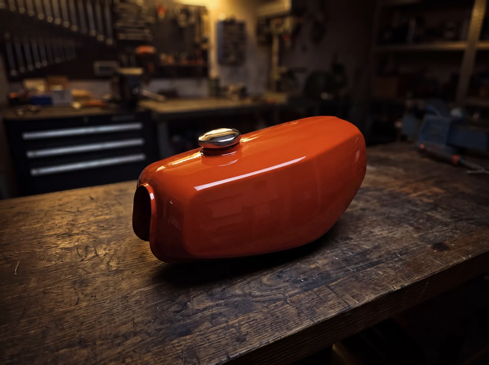 Frisch lackierter Tank in Glutorange, Werkstatt im Hintergrund