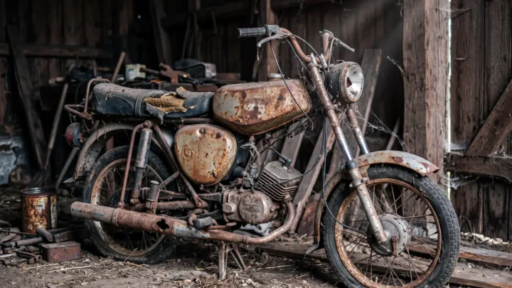 Verrostetes Simson-Moped mit platten Reifen und aufgerissener Sitzbank in einer Scheune