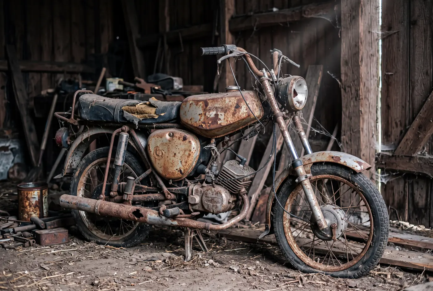 Verrostetes Simson-Moped mit platten Reifen und aufgerissener Sitzbank in einer Scheune